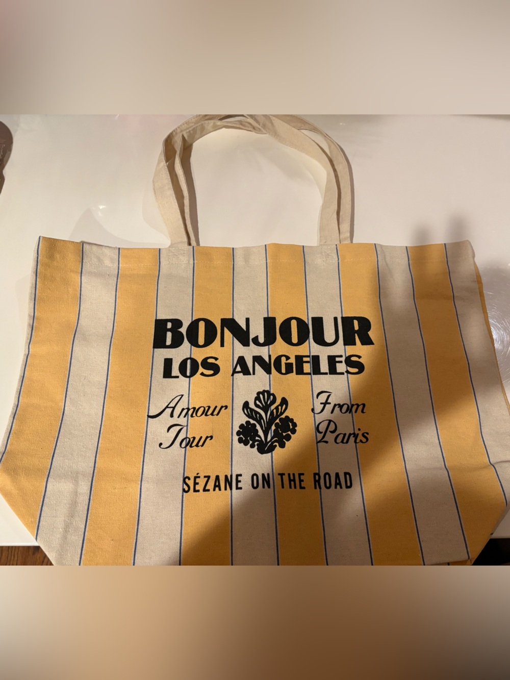 Sezane Yellow & Cream Striped 'Bonjour Los Angeles' Tote Brand New